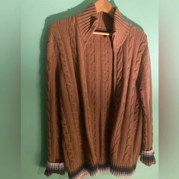 BANANA REPUBLIC MEN’s CHUNKY  YARN ZIPPED TAN CARDIGAN Sweater Lrg COZY - Picture 9 of 10